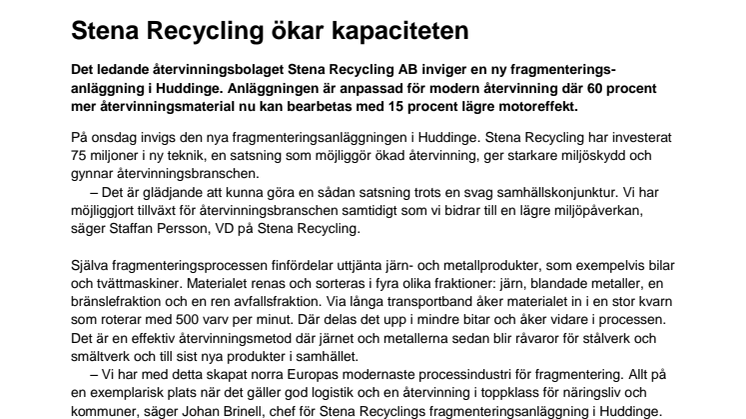 Stena Recycling ökar kapaciteten