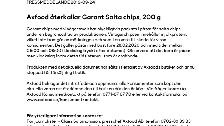 Axfood återkallar Garant Salta chips, 200 g