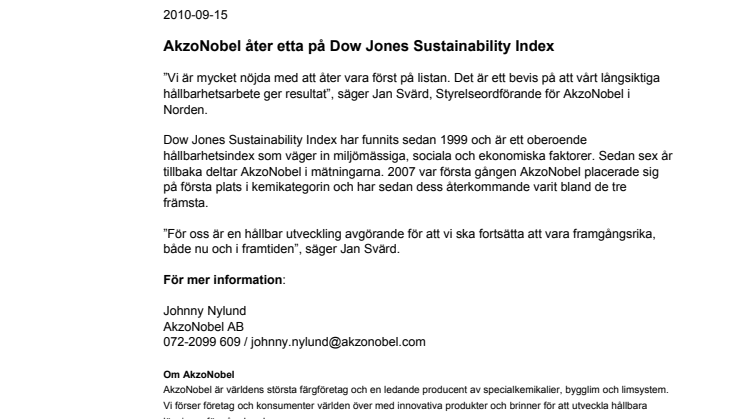 AkzoNobel åter etta på Dow Jones Sustainability Index