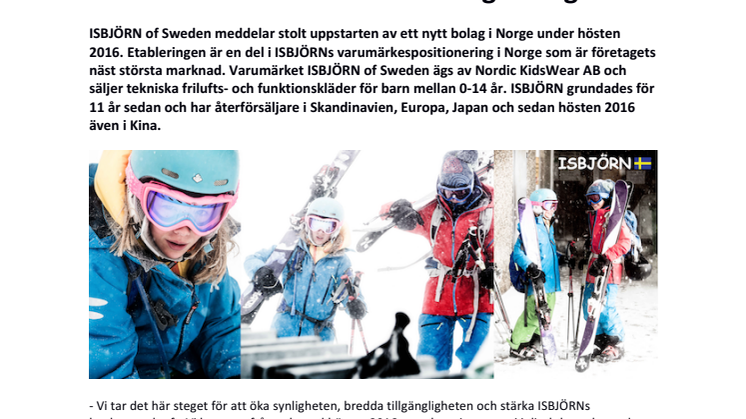 ISBJÖRN of Sweden etablerar sig i Norge