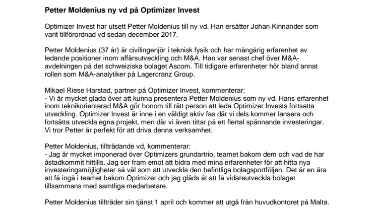 Petter Moldenius ny vd på Optimizer Invest