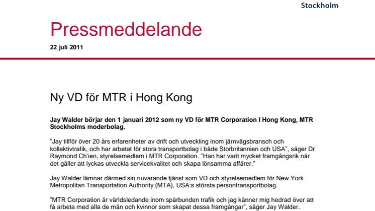 Ny VD för MTR i Hong Kong