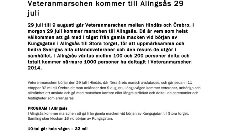 Veteranmarschen kommer till Alingsås 29 juli