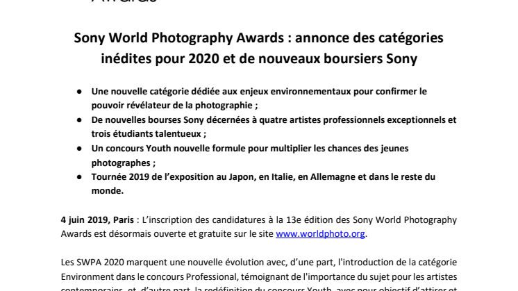 Sony World Photography Awards : annonce des catégories inédites pour 2020 et de nouveaux boursiers Sony