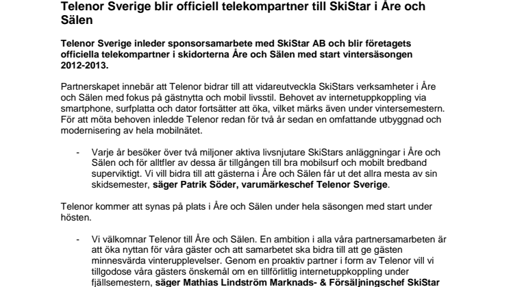 Telenor Sverige blir officiell telekompartner till SkiStar i Åre och Sälen