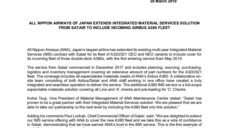  ALL NIPPON AIRWAYS OF JAPAN EXTENDS INTEGRATED MATERIAL SERVICES SOLUTION FROM SATAIR TO INCLUDE INCOMING AIRBUS A380 FLEET