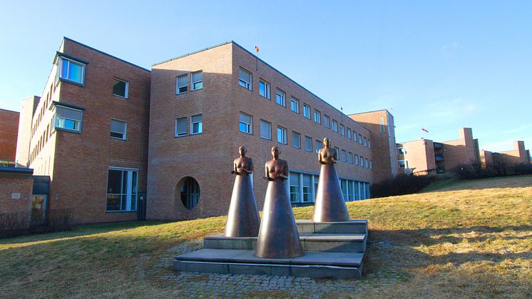 "Tre gratier", foran Oslo universitetssykehus, Rikshospitalet. Foto: Anders Bayer, OUS