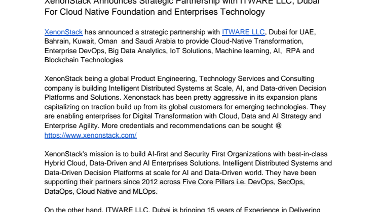 XenonStack Announces Strategic Partnership with ITWARE LLC, Dubai For Cloud Native Foundation and Enterprises Technology