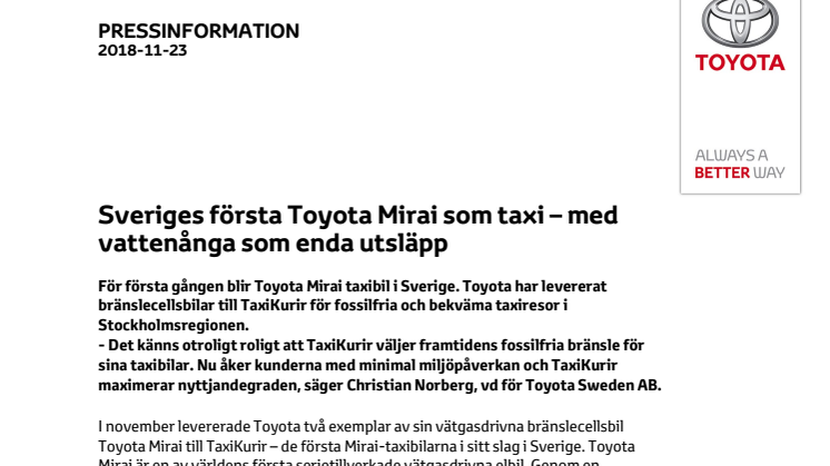 Sveriges första Toyota Mirai som taxi – med vattenånga som enda utsläpp