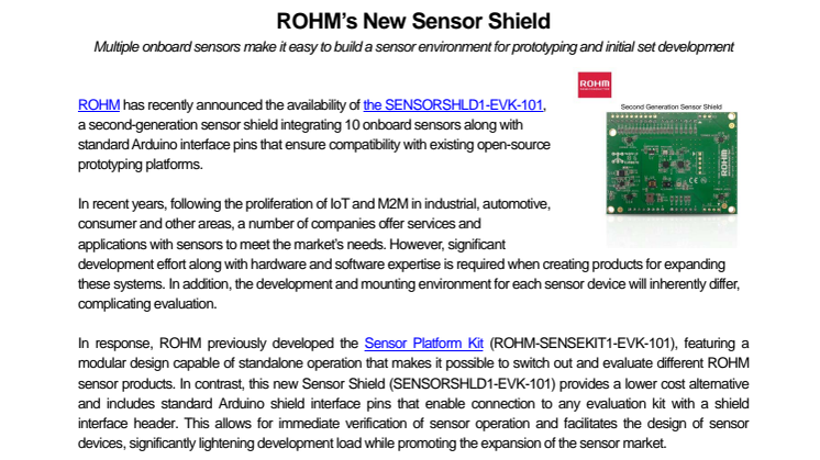 ROHM’s New Sensor Shield---Multiple onboard sensors make it easy to build a sensor environment for prototyping and initial set development---