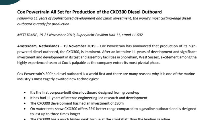 METSTRADE 2019:  Cox Powertrain All Set for Production of the CXO300 Diesel Outboard