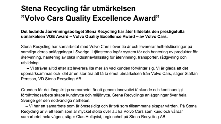 Stena Recycling får utmärkelsen ”Volvo Cars Quality Excellence Award”