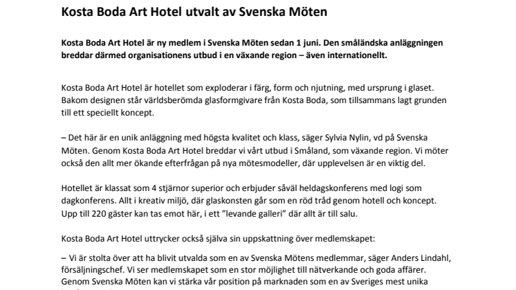 Kosta Boda Art Hotel utvalt av Svenska Möten