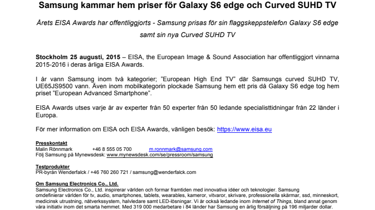 Samsung kammar hem priser för Galaxy S6 edge och Curved SUHD TV