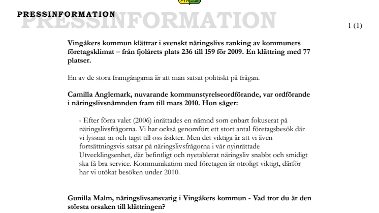 Vingåkers kommun klättrar i svenskt näringslivs ranking