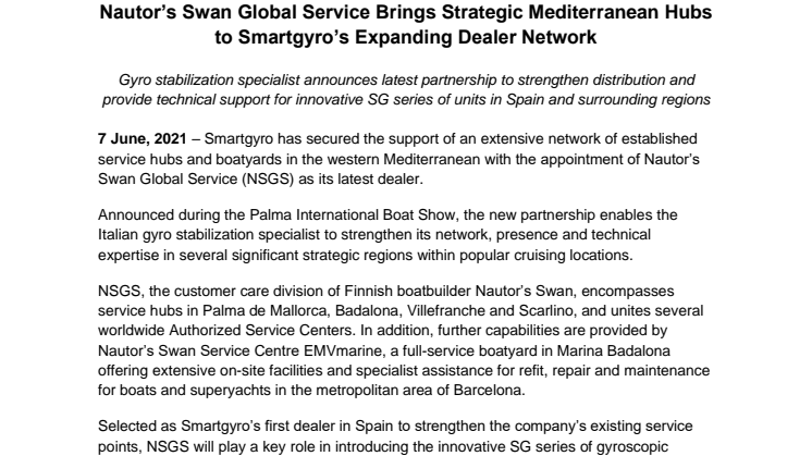 Nautor’s Swan Global Service Brings Strategic Mediterranean Hubs to Smartgyro’s Expanding Dealer Network