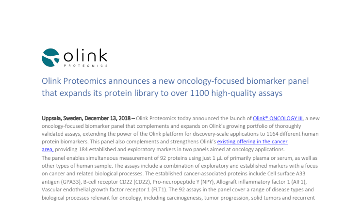 Olink Proteomics announces a new oncology-focused biomarker panel that expands its protein library to over 1100 high-quality assays