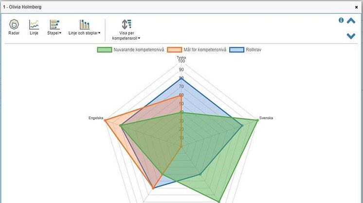 Radar-graf som visar gapet mellan nuvarande kompetensnivå hos en anställd och rollens krav.