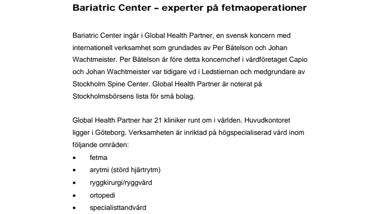 Bariatric Center – största privata vårdgivaren i Sverige inom fetmakirurgi