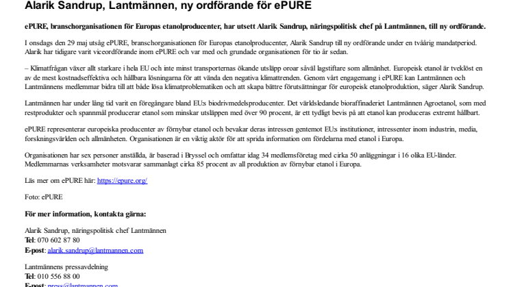 Alarik Sandrup, Lantmännen, ny ordförande för ePURE