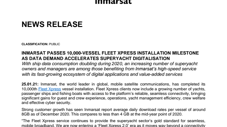Inmarsat Passes 10,000-Vessel Fleet Xpress Installation Milestone as Data Demand Accelerates Superyacht Digitalisation