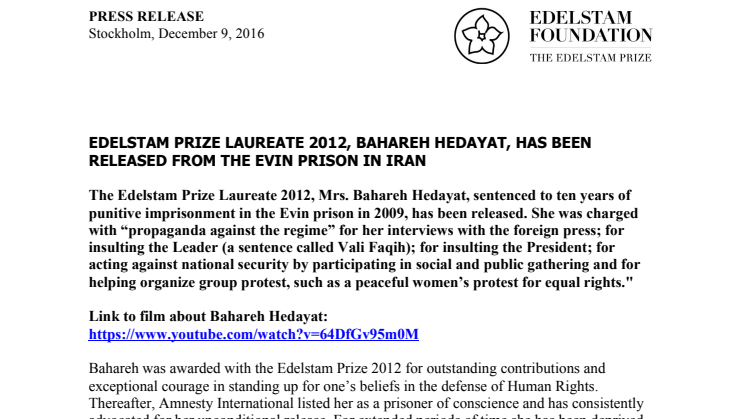 EDELSTAM PRIZE LAUREATE 2012, BAHAREH HEDAYAT, HAS BEEN RELEASED FROM THE EVIN PRISON IN IRAN