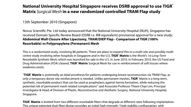 National University Hospital Singapore receives DSRB approval to use TIGR® Matrix Surgical Mesh in a new randomized controlled TRAM Flap study