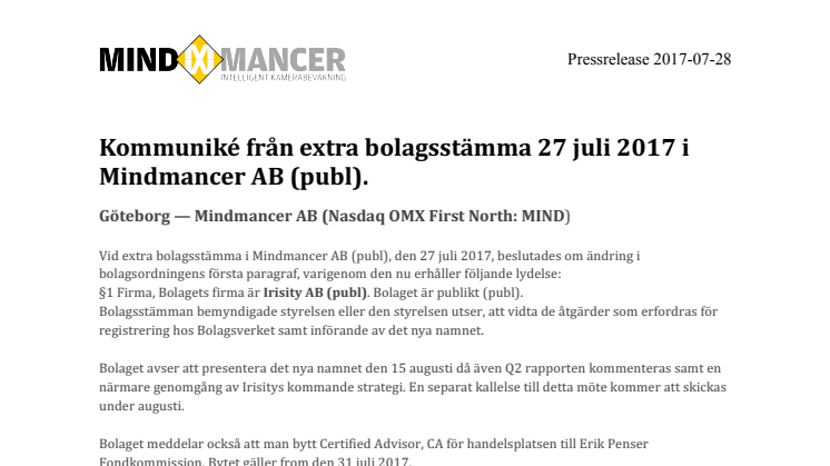 Kommuniké från extra bolagsstämma 27 juli 2017 i Mindmancer AB (publ).