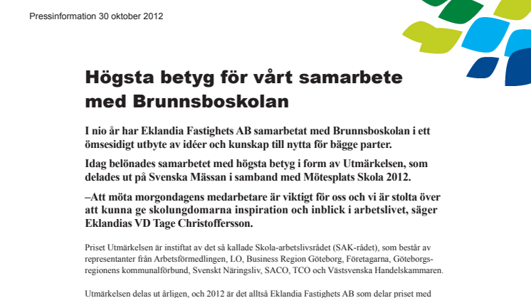 Högsta betyg för vårt samarbete med Brunnsboskolan