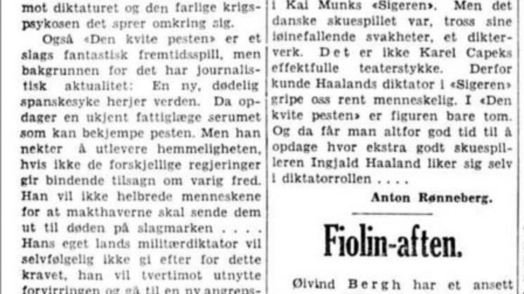 Aftenpostens teaterkritikk av Den kvite pesten, 1937