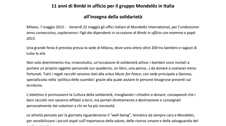 11 anni di Bimbi in ufficio per il gruppo Mondelēz in Italia 