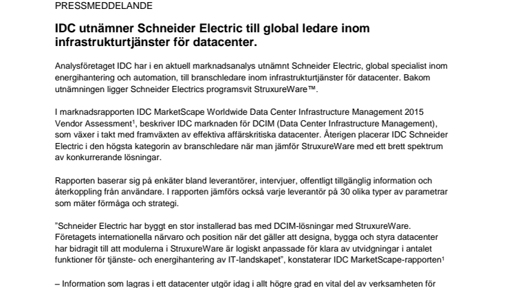 IDC utnämner Schneider Electric till global ledare inom infrastrukturtjänster för datacenter. 