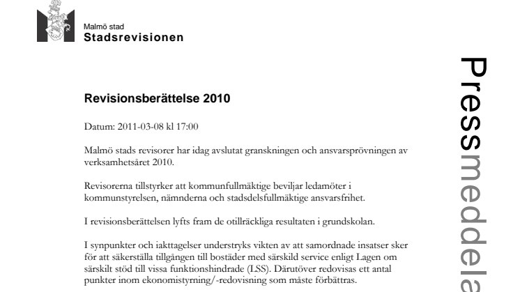 Revisionsberättelse 2010 för Malmö stad