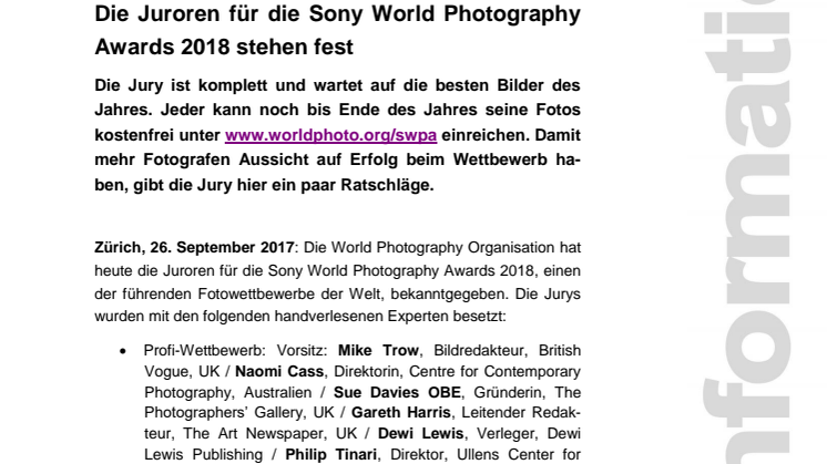 Die Juroren für die Sony World Photography Awards 2018 stehen fest