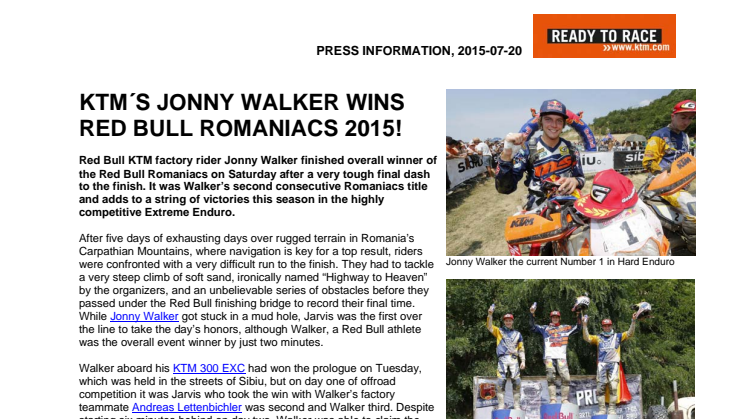 KTM´S JONNY WALKER WINS RED BULL ROMANIACS 2015!