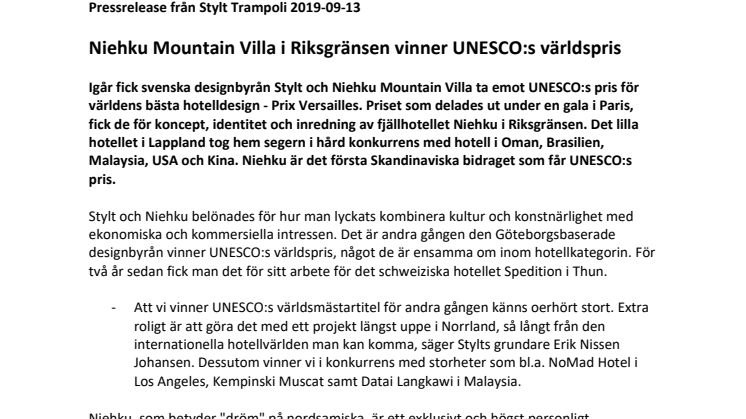 Niehku Mountain Villa i Riksgränsen vinner UNESCO:s världspris