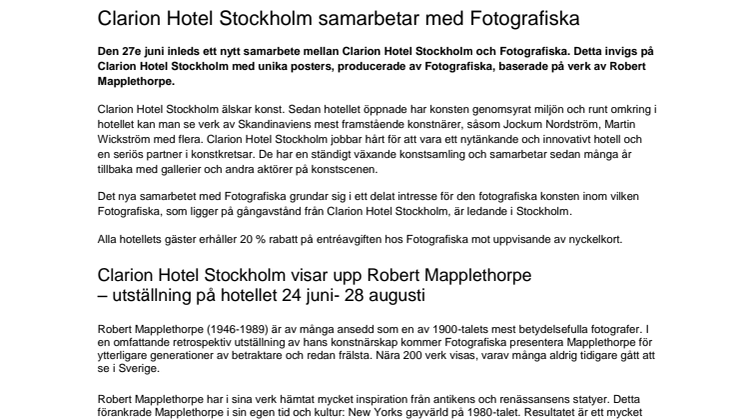Clarion Hotel Stockholm samarbetar med Fotografiska 