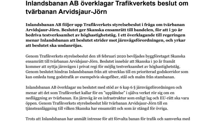 Inlandsbanan AB överklagar Trafikverkets beslut om tvärbanan Arvidsjaur-Jörn