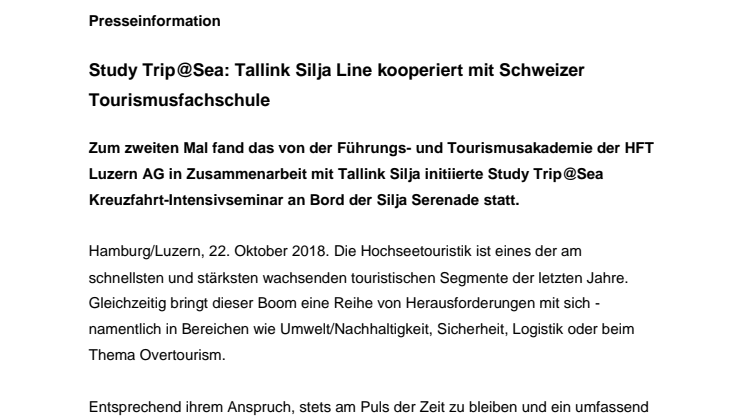 Study Trip@Sea: Tallink Silja Line kooperiert mit Schweizer Tourismusfachschule