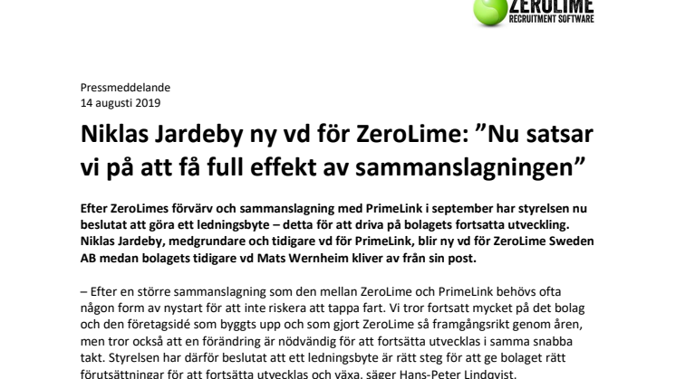 ​Niklas Jardeby ny vd för ZeroLime: ”Nu satsar vi på att få full effekt av sammanslagningen”