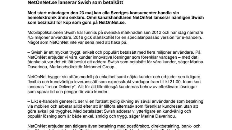NetOnNet.se lanserar Swish som betalsätt