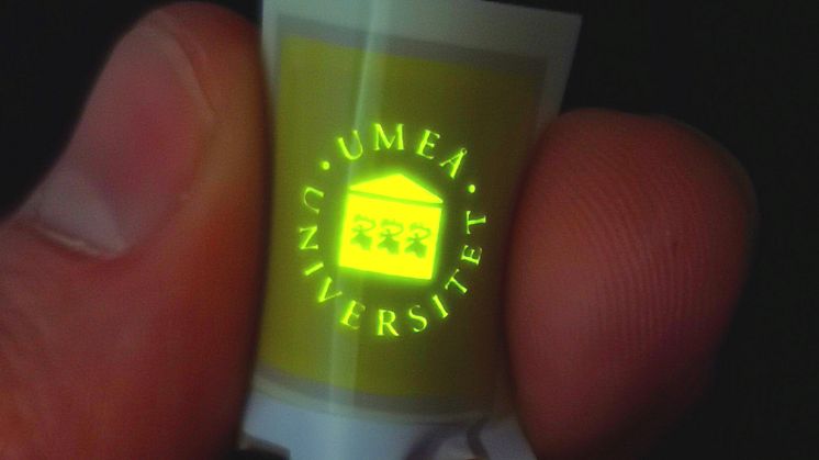 LEC med universitets logotyp lysande i gulgrönt sken. Foto: Xiaoying Zhang och Joan Ràfols-Ribé