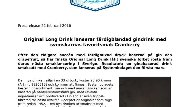 Original Long Drink lanserar färdigblandad gindrink med svenskarnas favoritsmak Cranberry