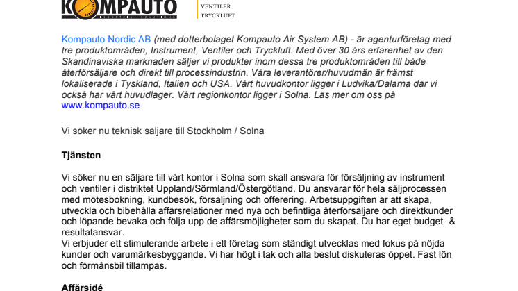 Kompauto söker teknisk säljare/distriktsansvarig till Stockholm/Solna