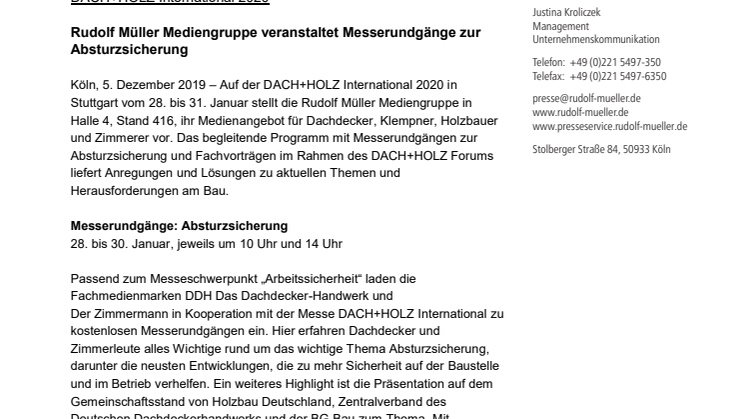 DACH+HOLZ 2020: Rudolf Müller Mediengruppe veranstaltet Messerundgänge zur Absturzsicherung