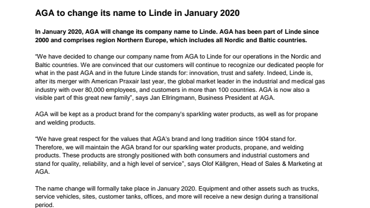 AGA to change its name to Linde in January 2020