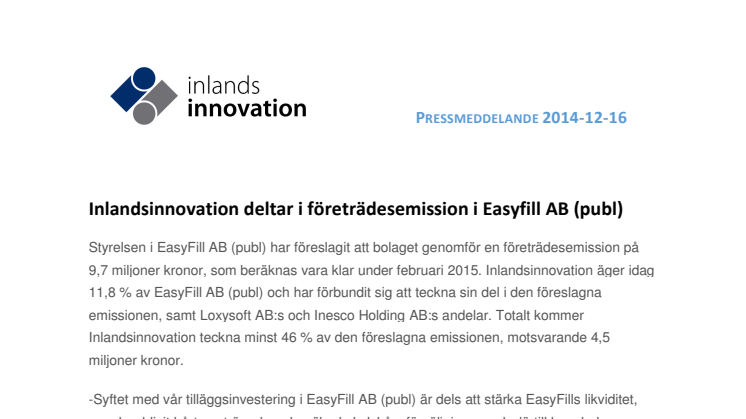 Inlandsinnovation deltar i företrädesemission i EasyFill AB (publ)