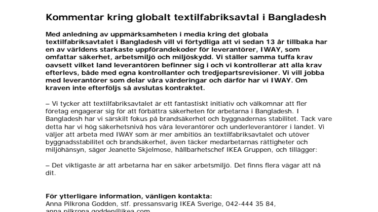 Kommentar kring globalt textilfabriksavtal i Bangladesh