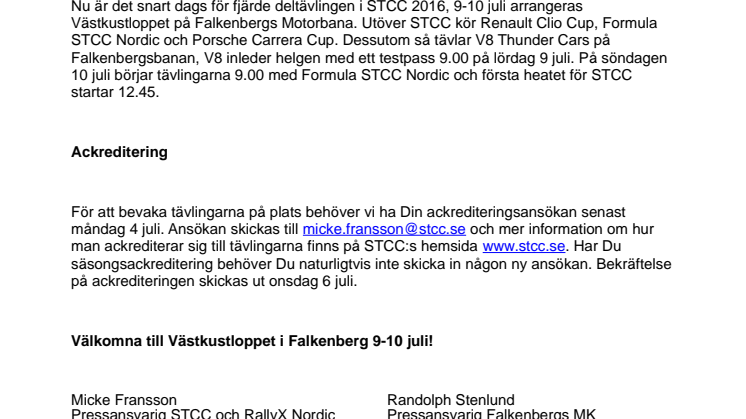 Mediainbjudan till STCC och Västkustloppet 9-10 juli