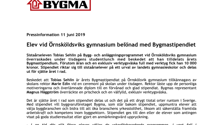 Elev vid Örnsköldsviks gymnasium belönad med Bygmastipendiet